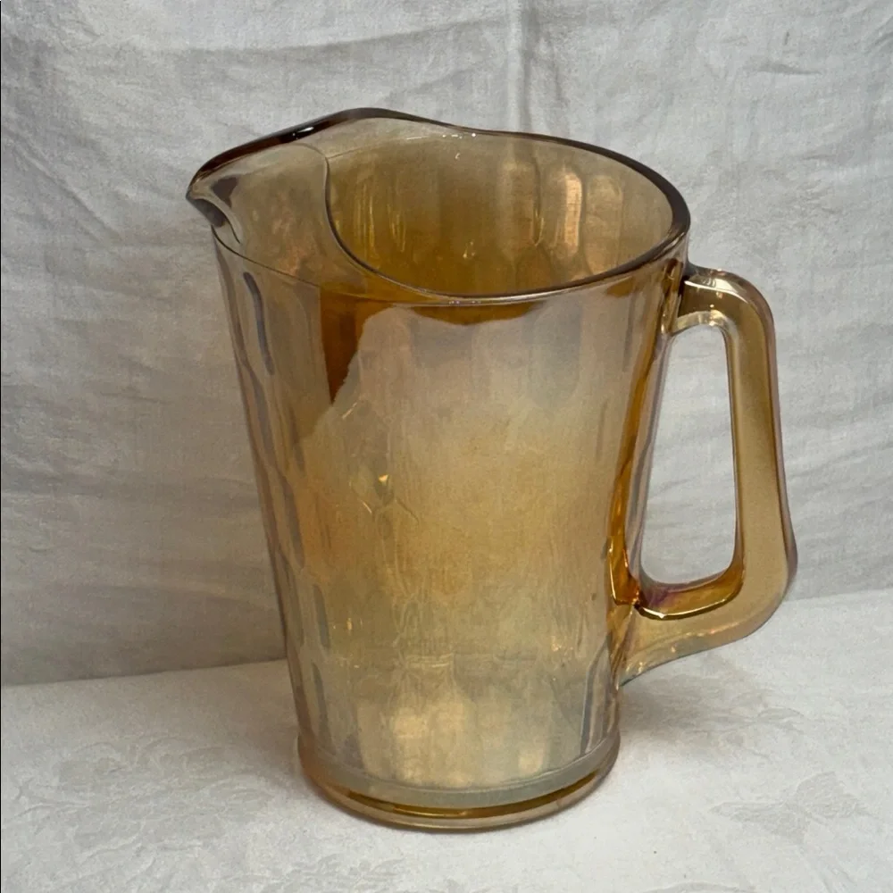 Vintage Jeanette Iridescent Marigold Carnival Glass Pitcher and 6 Tumblers